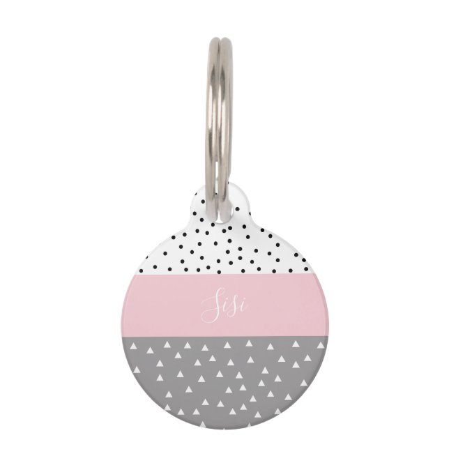 Placa Para Mascotas Triángulos y puntos geométricos elegantes en gris (Anverso)