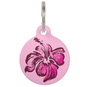 Placa Para Mascotas Tropical hawaiano del hibisco de la acuarela
