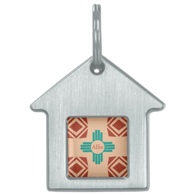 Placa Para Mascotas Turquoise Zia Tribal Brown Tan (Frente)