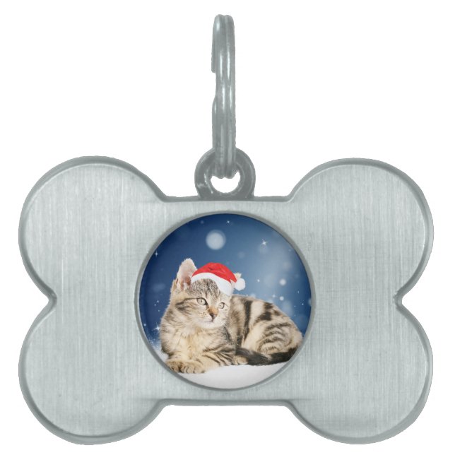 Placa Para Mascotas Un gato lindo vestido con Navidades de sombrero ro (Frente)
