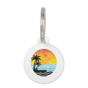 Placa Para Mascotas Vacaciones de Verano Palmeras Atardecer Retro Trop