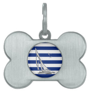Placa Para Mascotas Vela de plata en franjas náuticas