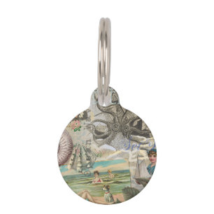 Placa Para Mascotas verano playa vintage pulpo antiguo navegando