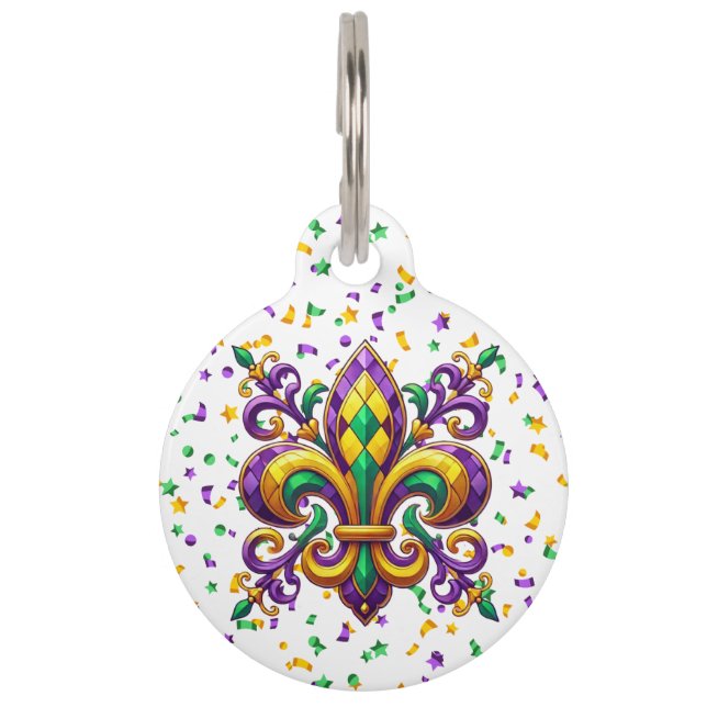 Placa Para Mascotas Verde morado Mardi Gras fleur de lis (Anverso)