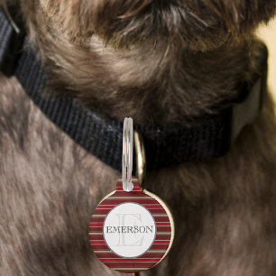 Placa Para Mascotas Vintage Stripes Burgundy Red Tan White Personaliza