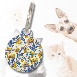 Placa Para Mascotas Vintage Yellow Orange Folk Floral Blue Leaf