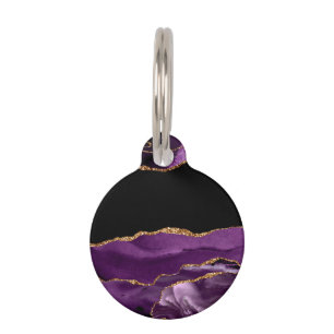 Placa Para Mascotas Violet Black Marble Agate Glam Golden Purpurina