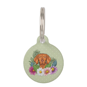 Placa Para Mascotas Vizsla Húngaro Y Flores De Verano Coloridas Verdes