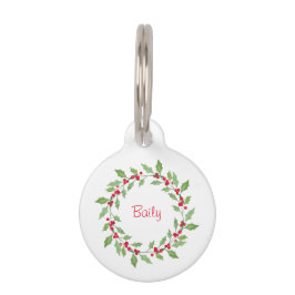 Placa Para Mascotas Watercolor Holly Wreath