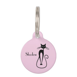 Placa Para Mascotas Whimsical Skinny Black Cat Pink Name