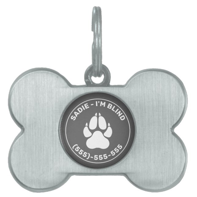 Placa Para Mascotas White Paw On Grey con el texto ciego e información (Frente)
