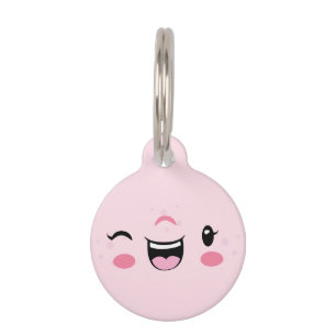 Placa Para Mascotas Winking rosa Kawaii Face Dog Tag