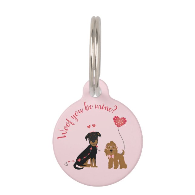 Placa Para Mascotas Woof You Be Mine Valentine Dogs (Anverso)