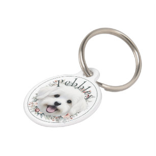 Placa Para Mascotas Wreath de color de agua maltés y floral