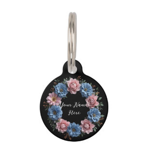 Placa Para Mascotas Wreath personalizada de flores rojas y azules de D