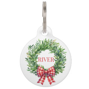 Placa Para Mascotas Wreath Verde De Acuarela Con Bow Rojo De Gingham