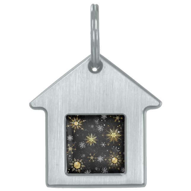 Placa Para Mascotas Xmas copos de nieve dorados sobre fondo negro (Frente)