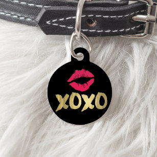 Placa Para Mascotas XOXO Faux Gold & Pink Lips   Negro