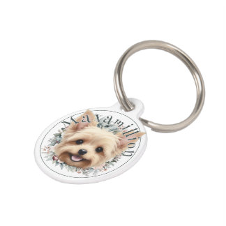 Placa Para Mascotas Yorkie de acuarela y corona floral