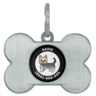 Placa Para Mascotas Yorkshire Terrier Azul y Dorado con Nombre y Númer