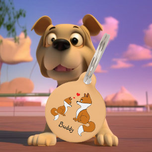 Placa Para Mascotas Zorros lindos con corazones, dibujados a mano 