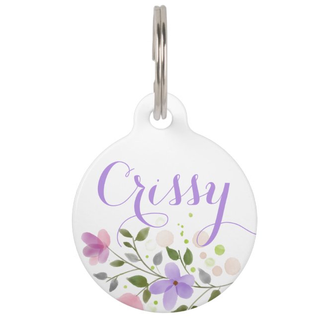 Placa redonda morada floral para mascota (Anverso)