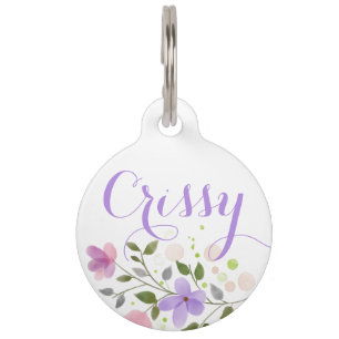 Placa redonda morada floral para mascotas