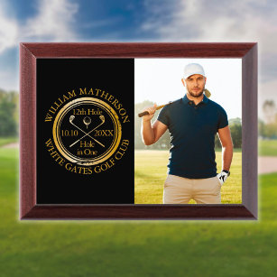 Placa Trofeo Agujero en un solo golf clásico de oro y foto negr