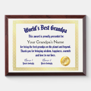 Placa Trofeo El mejor certificado de abuelo de un mundo diverti