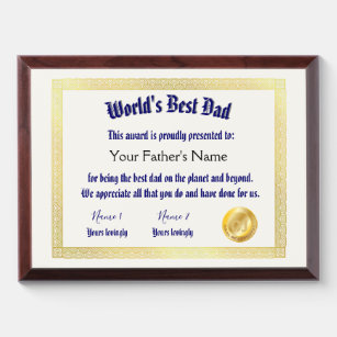 Placa Trofeo El mejor certificado de papá de un mundo gracioso