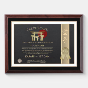 Placa Trofeo Plaque de premio del certificado de karate