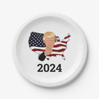 Placas fiestas del presidente Trump 2024. Platos d