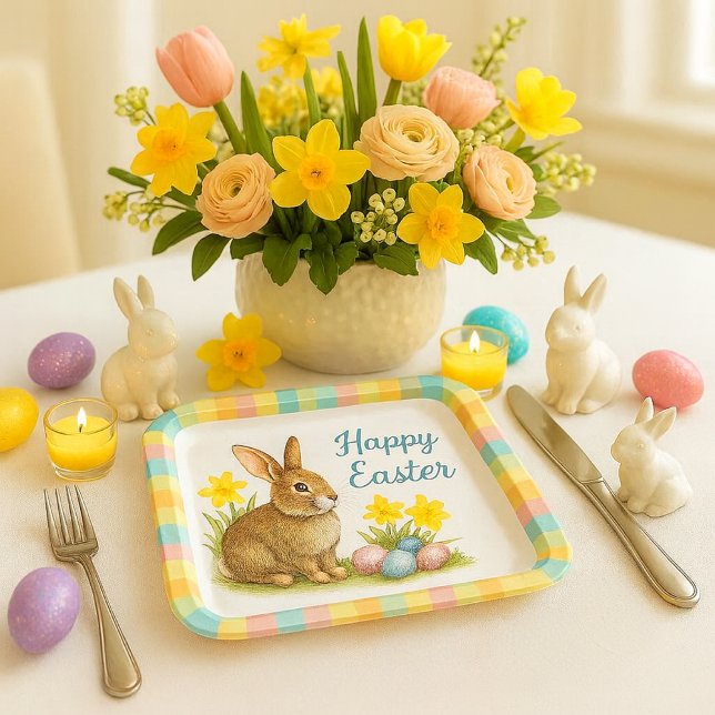 Plaid de primavera con plato de papel de conejo de (Cheerful springtime Easter Bunny paper plate.  Perfect for holiday gatherings )