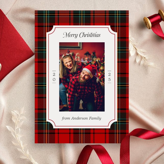 Plaid Rojo Feliz Navidad (Red Plaid Modern Merry Christmas Holiday Card)