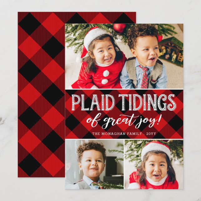 Plaid Tidings | 3 Foto | Navidad Collage Rojo (Anverso / Reverso)