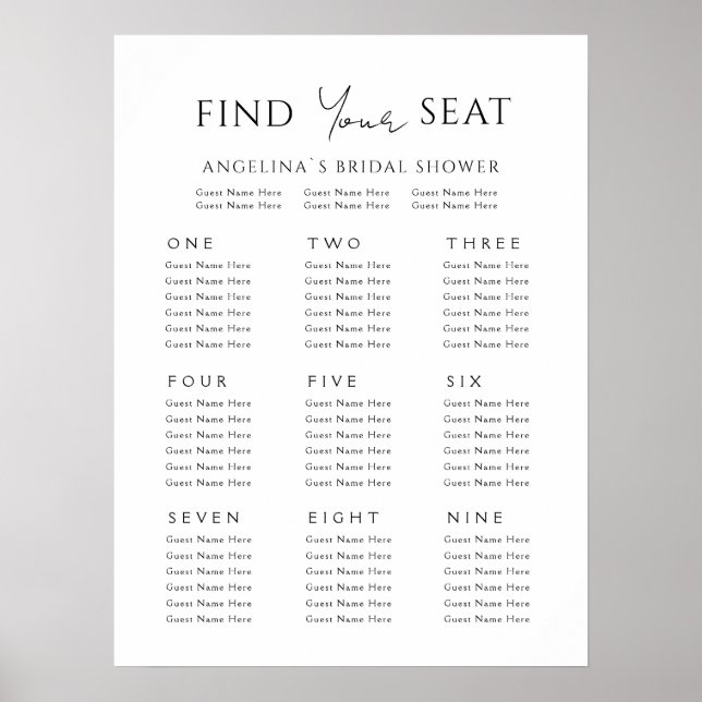 Plan de asiento para posters 9 mesas Ducha de novi (Frente)