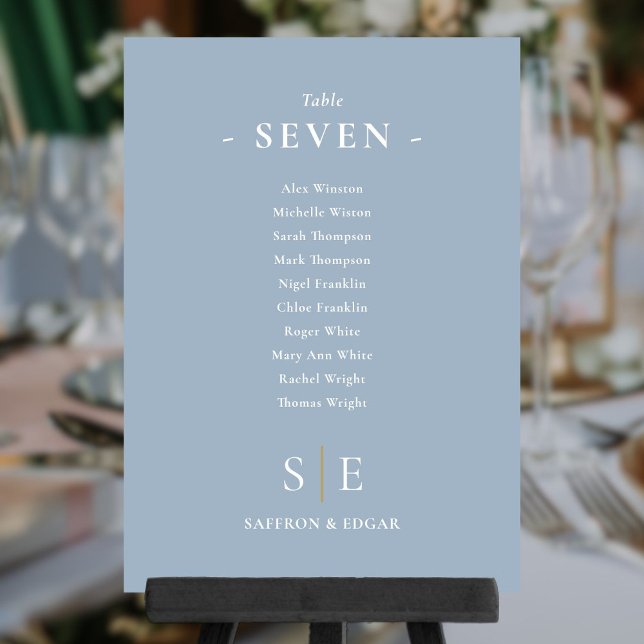 Plan de Asientos con Número de Mesa Monograma Azul (Monogram Dusty Blue Seating Plan Table Number)