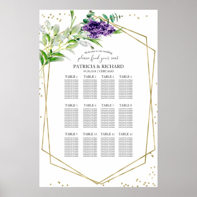 Plan de Asientos de Boda Póster de Verde Elegante (Frente)