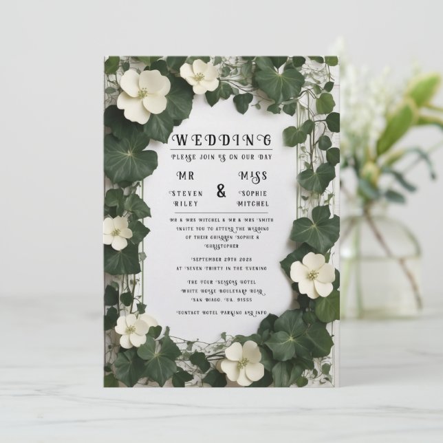 Plan de mesa y invitaciones de boda de hiedra eleg (Anverso de pie)