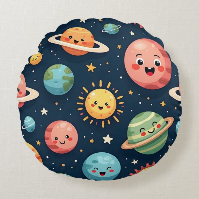 Planetas Cute Espacio Kawaii Almohada redonda (Anverso)