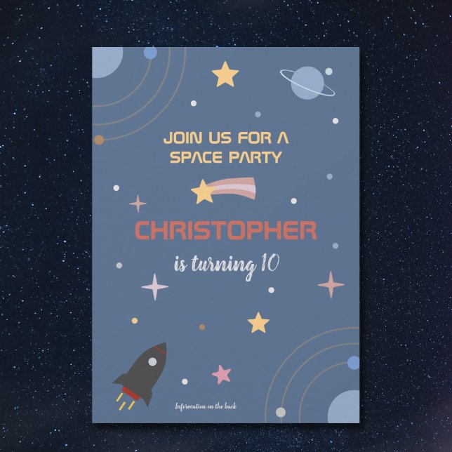 Planetas y cohetes, invitación de cumpleaños al es (Planets & Rocket, Outer Space Birthday Invitation)