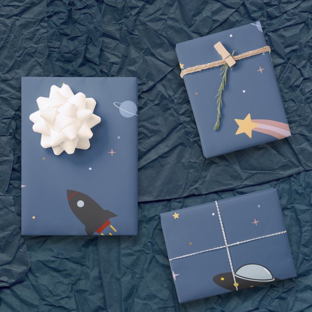 Planetas y cohetes, papel de envolvimiento del esp (Planets & Rocket, Outer Space Wrapping Paper)