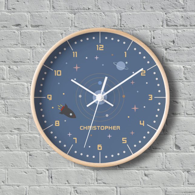 Planetas y cohetes, reloj de pared del espacio ext (Planets & Rocket, Outer Space Wall Clock)