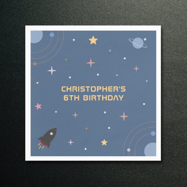 Planetas y cohetes, servilleta de cumpleaños en el (Planets & Rocket, Outer Space Birthday Napkin)
