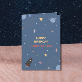 Planetas y cohetes, tarjeta de cumpleaños del espa