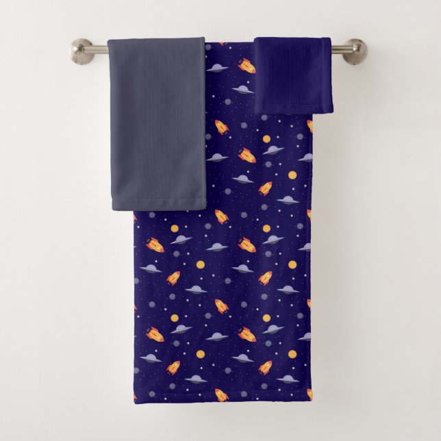 Planets stars pattern blue dark gray set Towel (In situ)