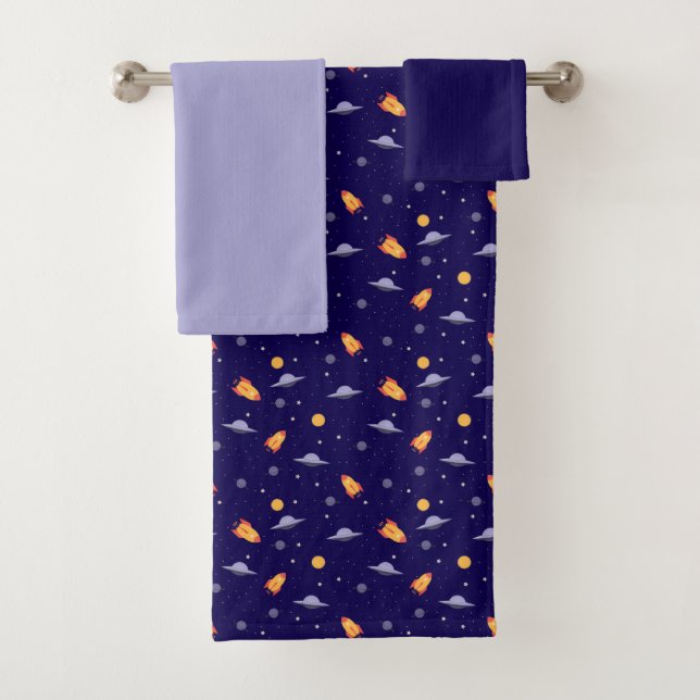 Planets stars pattern blue gray set Towel (In situ)