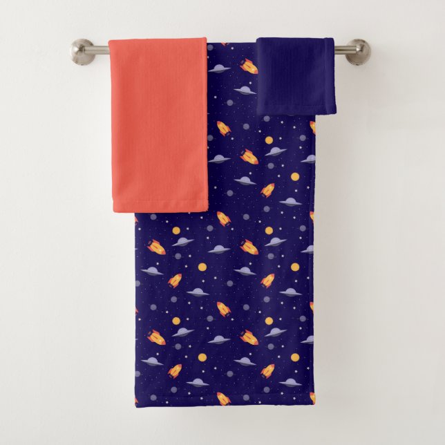 Planets stars pattern blue orange set Towel (In situ)