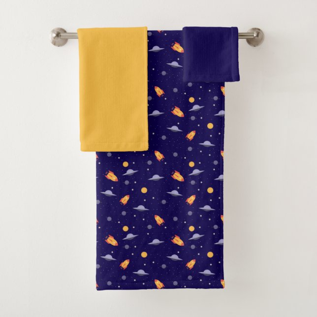 Planets stars pattern blue yellow set Towel (In situ)