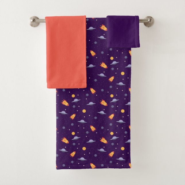Planets stars pattern purple orange set Towel (In situ)